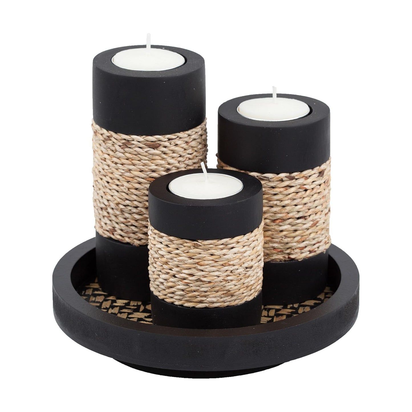 IYARA CRAFT Candleholder Set with Tray, Set of 3 Rustic Black Wooden Tealight Candle Holders with Natural Rope Accent