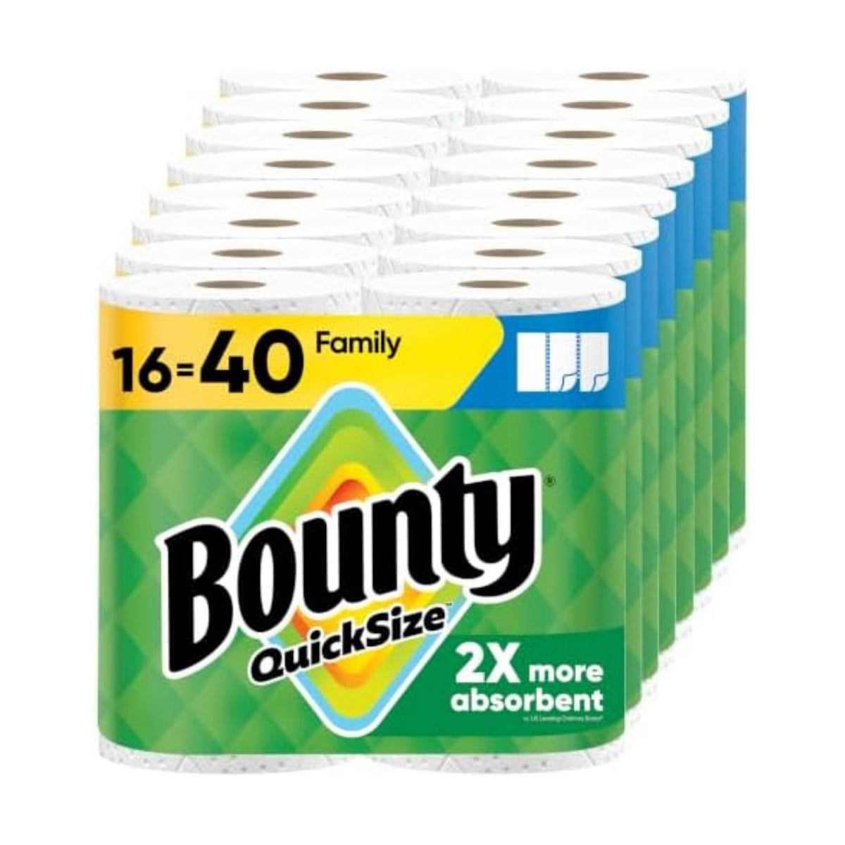 Bounty Paper Towels Quick Size, White, 16 Family Rolls = 40 Regular Rolls