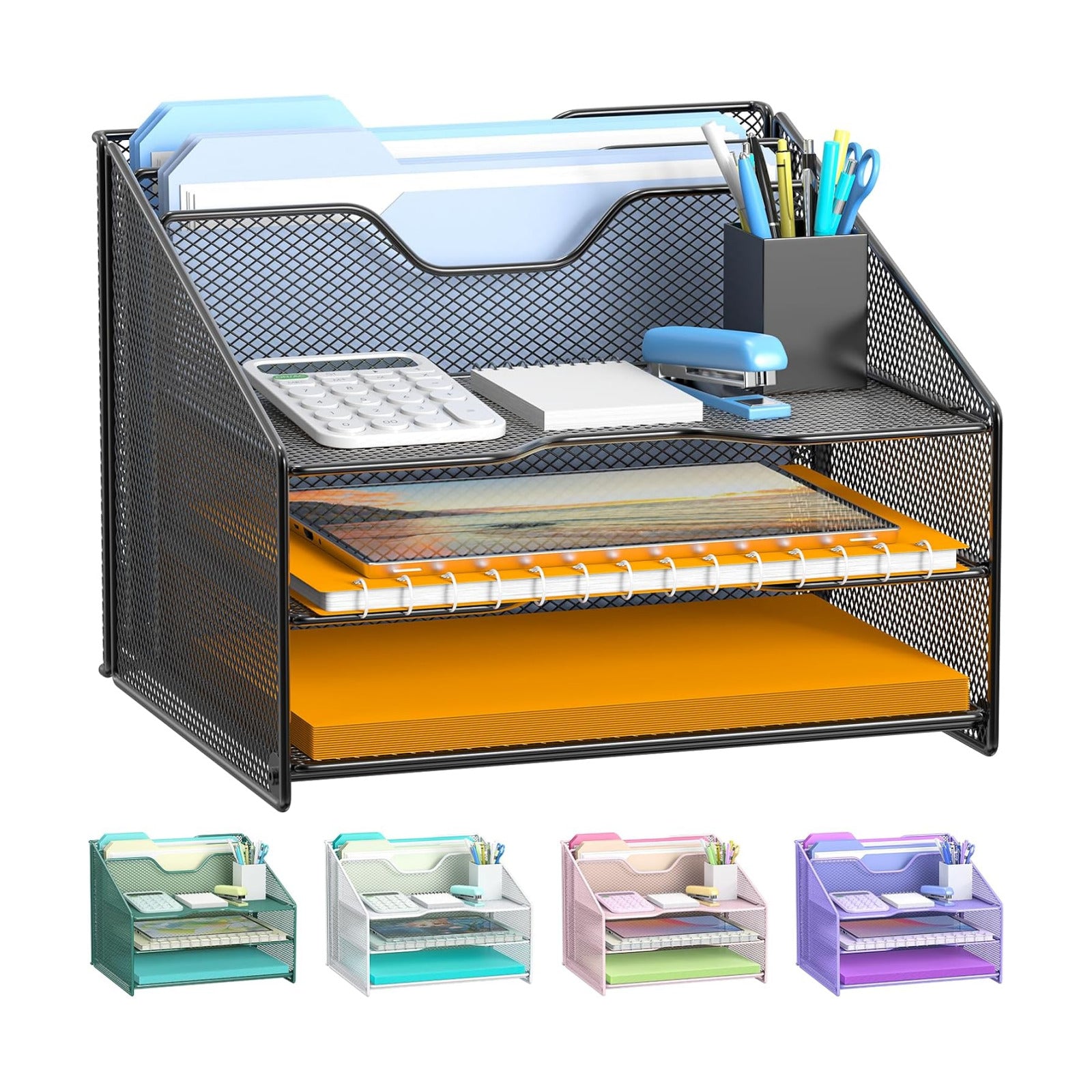 Samstar Desk File Organizer, Mesh Letter File Folder Holder with 3 Paper Trays and 2 Vertical Upright Section, for