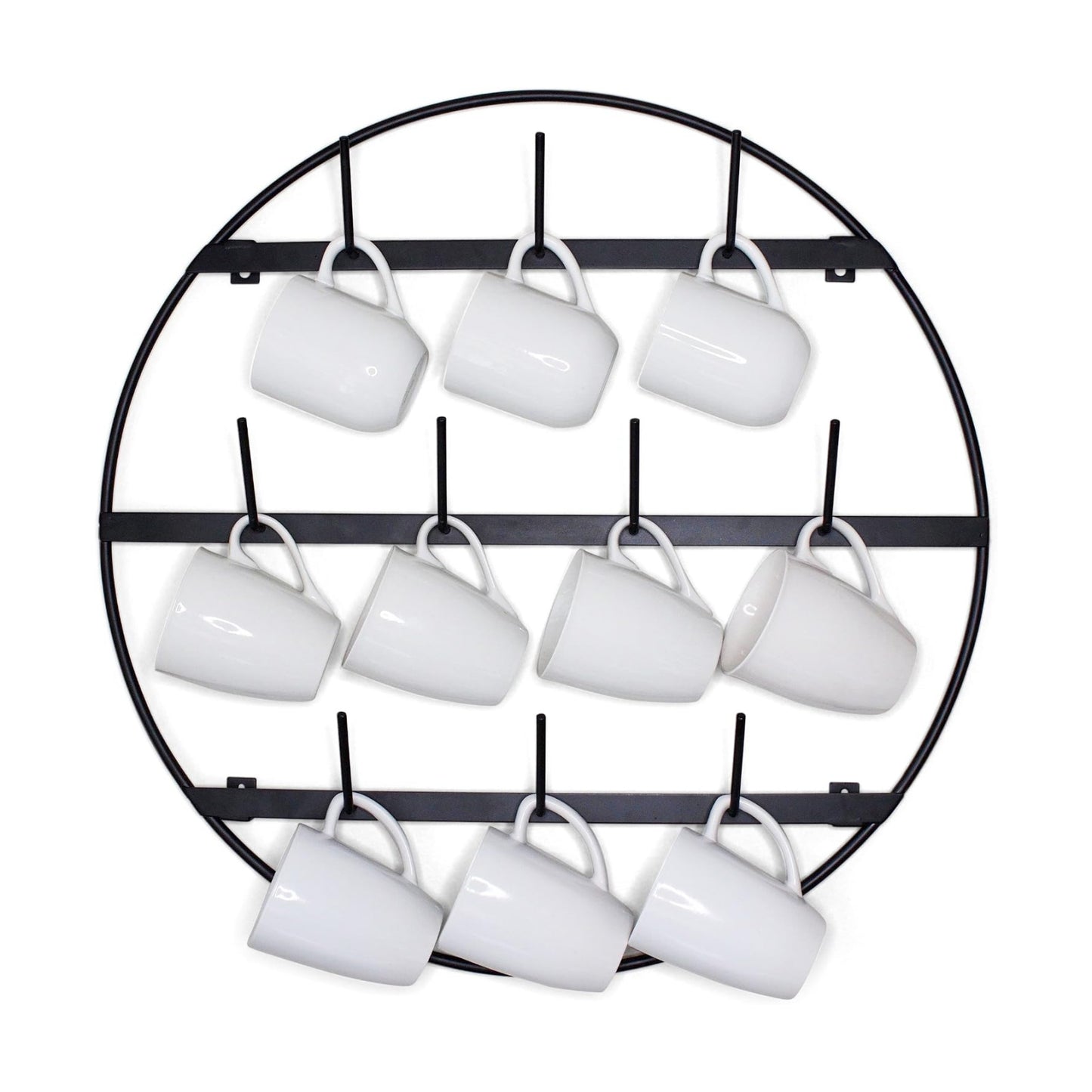 Mug Rack with Sturdy Steel Frame, Matte Black Finish, Removable Rubber Caps, Wall Mounted (Round 24" x 24")