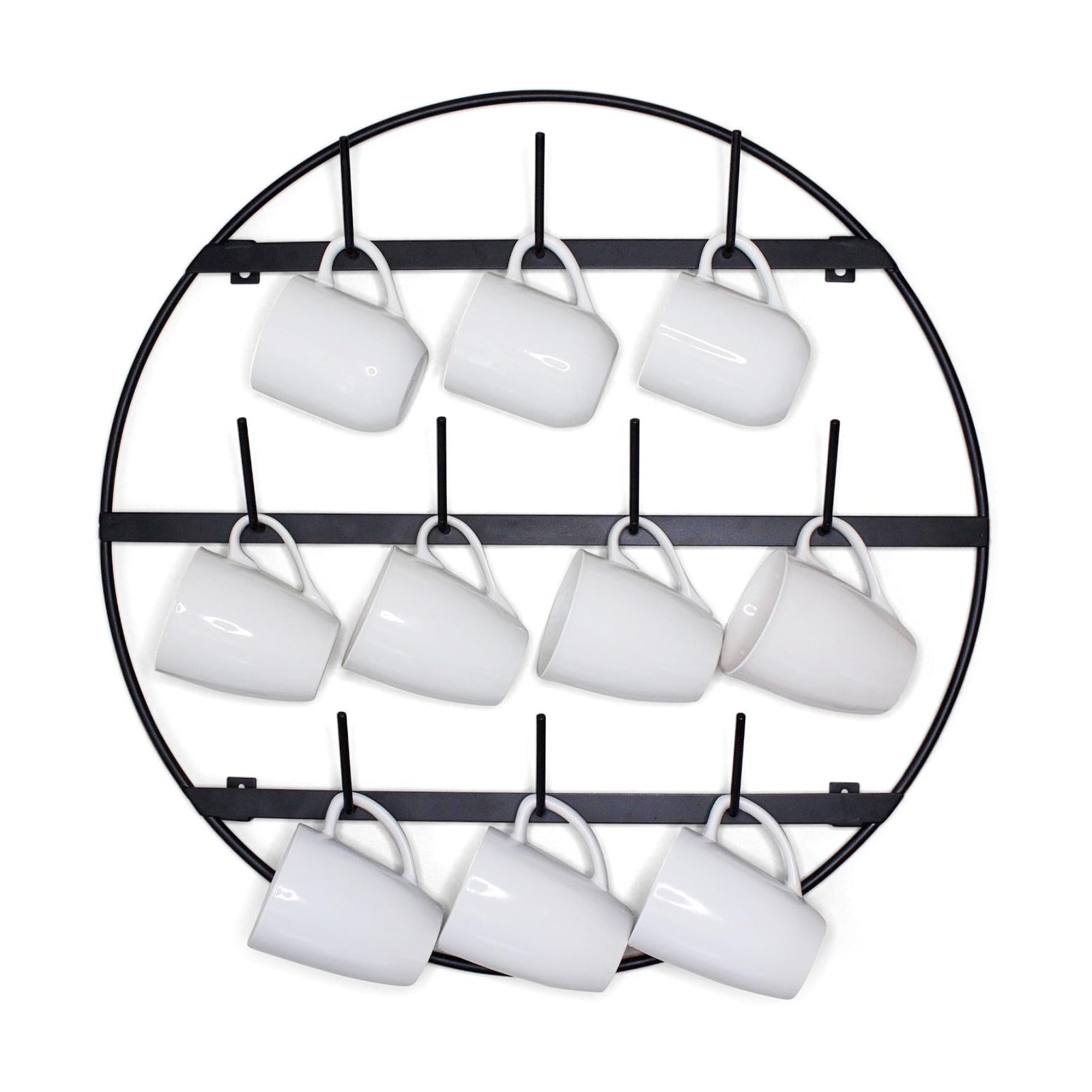 Mug Rack with Sturdy Steel Frame, Matte Black Finish, Removable Rubber Caps, Wall Mounted (Round 24" x 24")