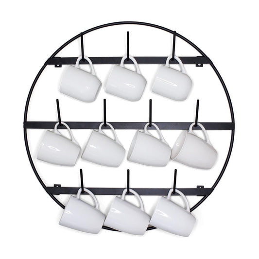 Mug Rack with Sturdy Steel Frame, Matte Black Finish, Removable Rubber Caps, Wall Mounted (Round 24" x 24")