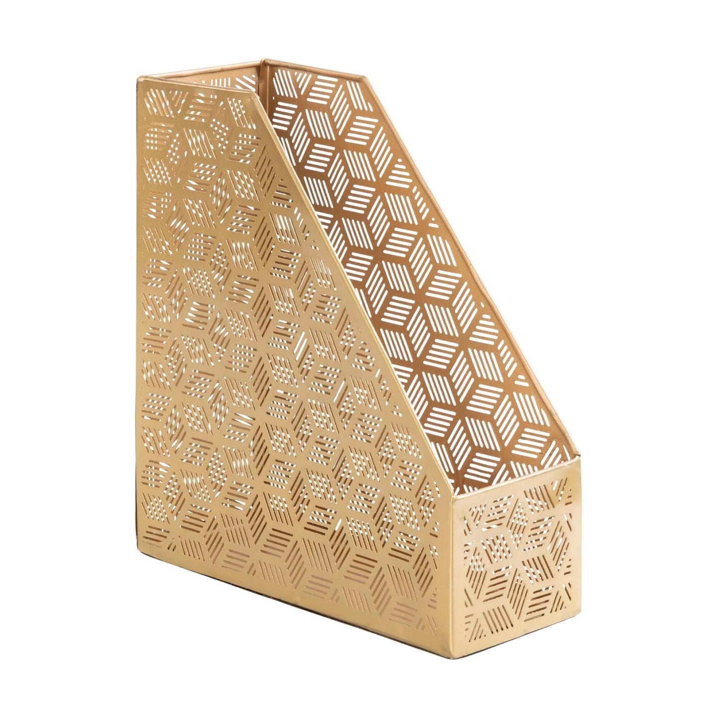 Deco 79 Metal Geometric Single Slot Magazine Holder with Laser Carved Design, 5" x 10" x 12", Gold