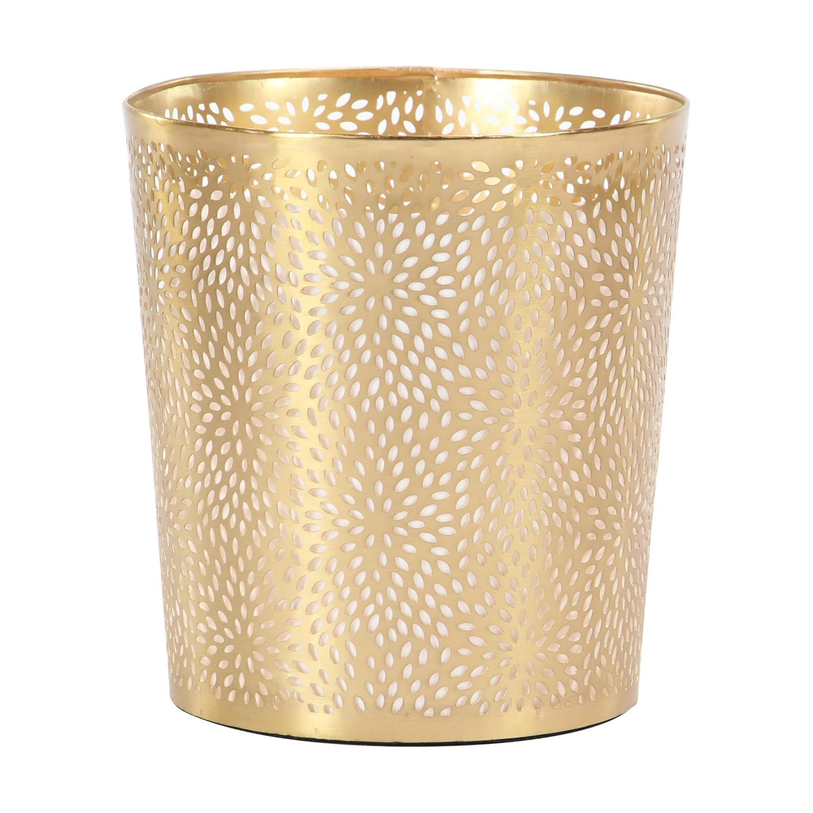 CosmoLiving Metal Floral Small Waste Bin, Trash Can 9" x 9" x 10", Gold | Office Bathroom Floral Waste Basket With