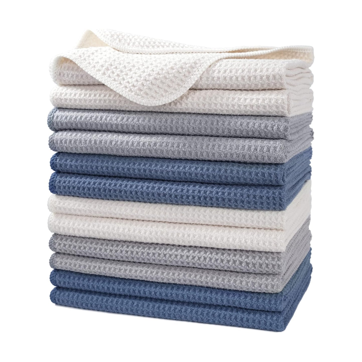 POLYTE 340 GSM Microfiber Waffle Kitchen Dish Tea Towel, 16x28 in, 12 Pack | Lint Free, Quick Dry