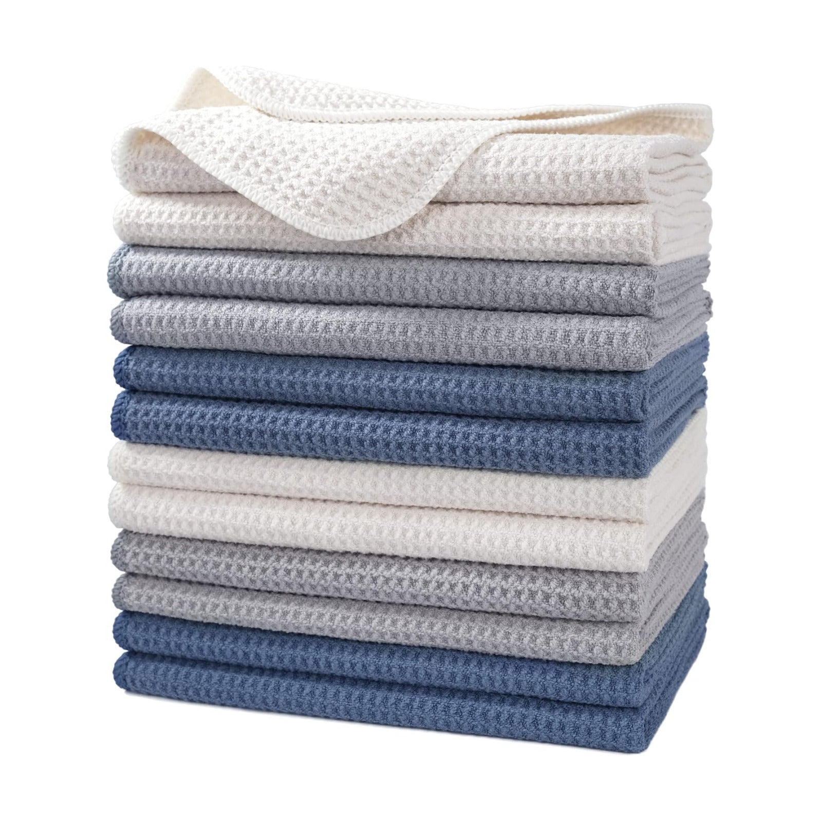 POLYTE 340 GSM Microfiber Waffle Kitchen Dish Tea Towel, 16x28 in, 12 Pack | Lint Free, Quick Dry