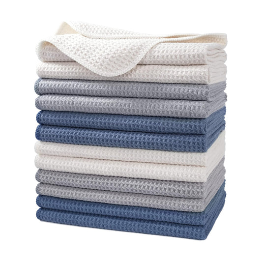 POLYTE 340 GSM Microfiber Waffle Kitchen Dish Tea Towel, 16x28 in, 12 Pack | Lint Free, Quick Dry