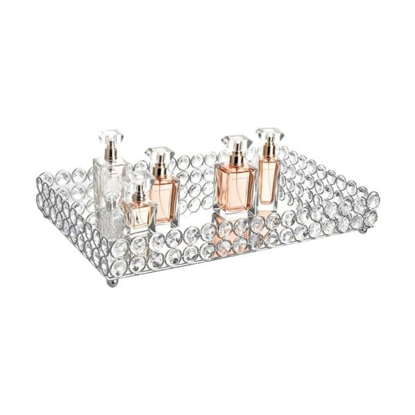 Crystal Perfume Tray Cosmetic Vanity Makeup Tray Mirrored Jewelry Trinket Rings Earrings / Silver