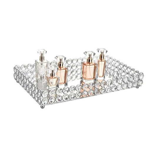Crystal Perfume Tray Cosmetic Vanity Makeup Tray Mirrored Jewelry Trinket Rings Earrings / Silver