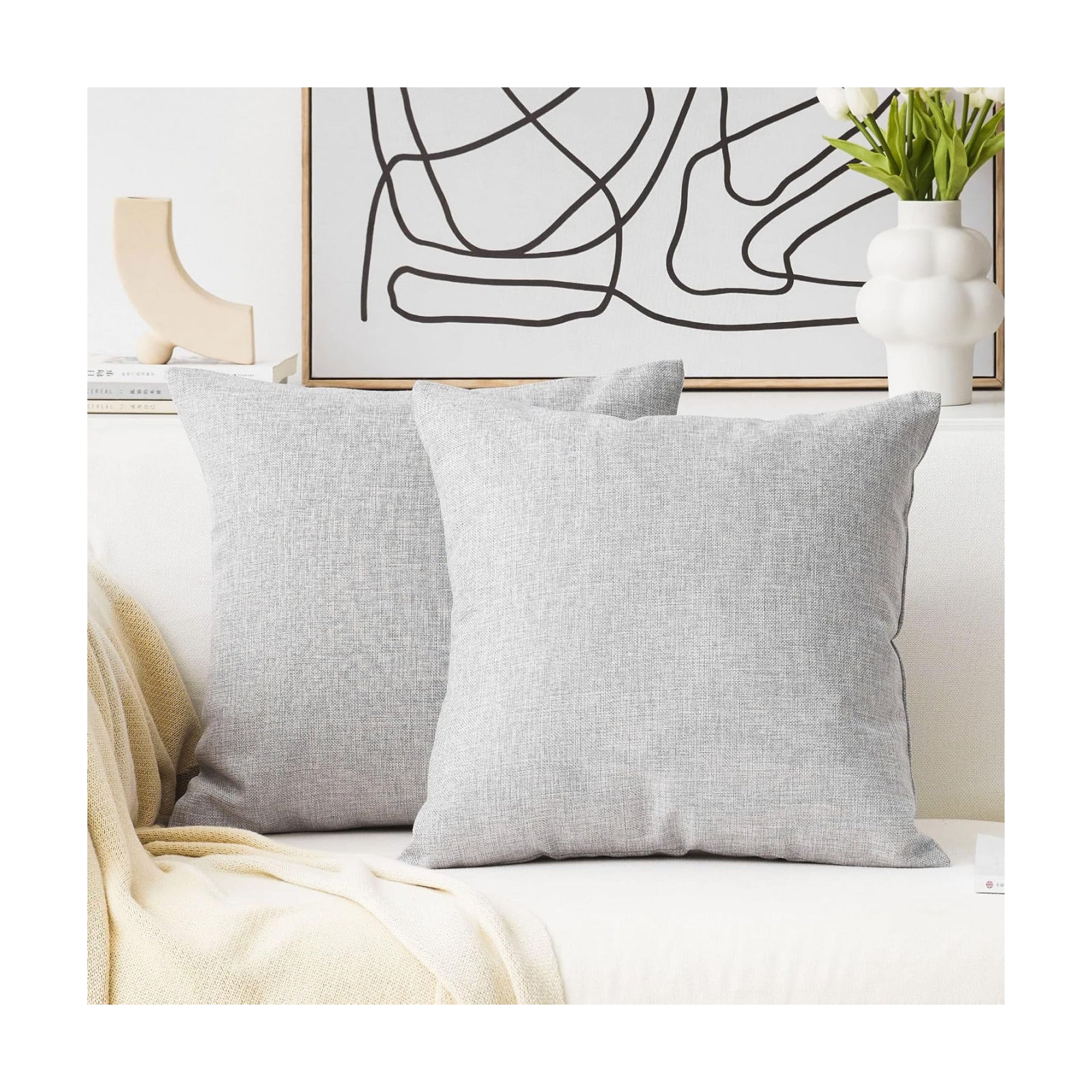 Linen Pillow Covers Decorative Throw Pillow Cover Burlap Lined / 18 x 18 / Light Grey / Set of 2