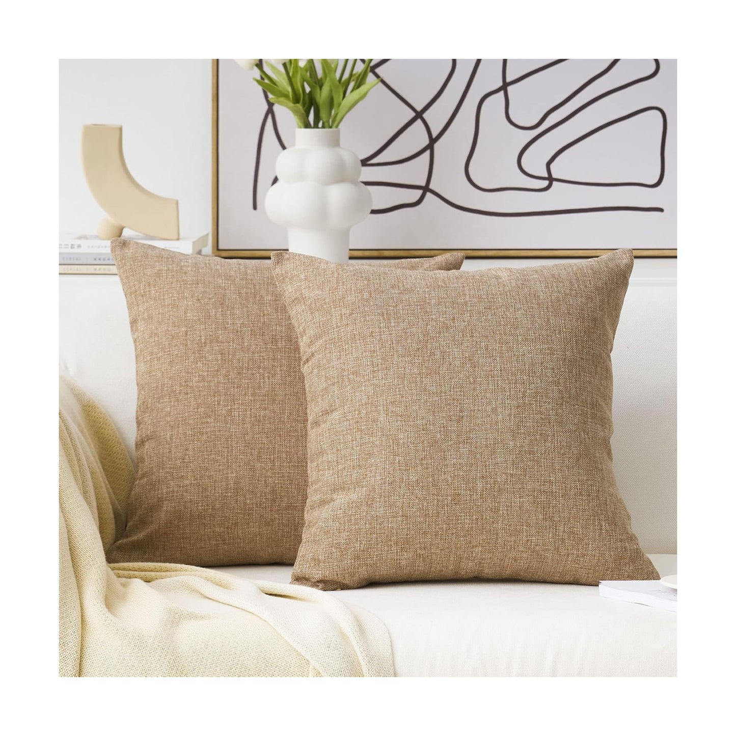 Linen Throw Pillow Covers Burlap Decorative Pillow Covers / 18 x 18 / Natural Linen / Set of 2