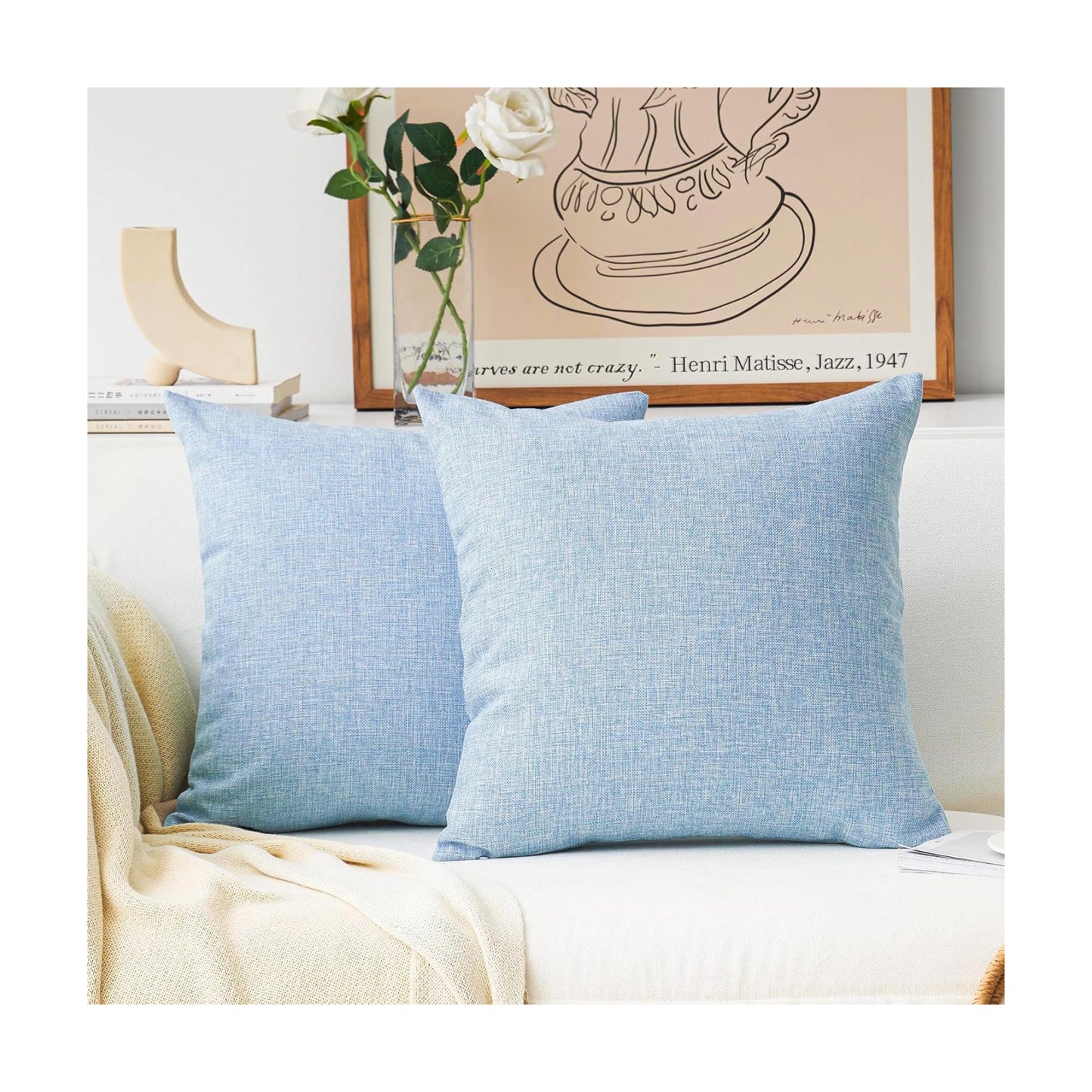 Lined Linen Cushion Covers Decorative Throw Pillow Covers / 18 x 18 / Light Blue / Set of 2
