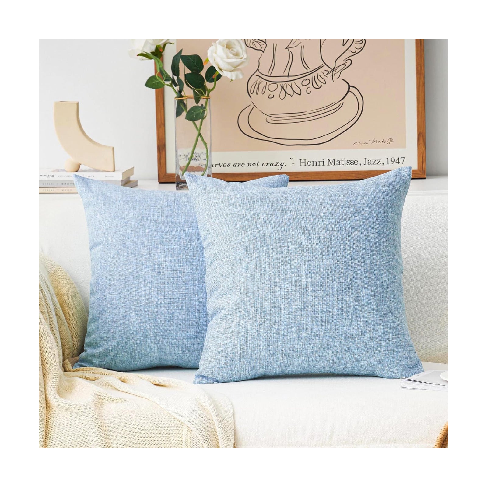 Lined Linen Cushion Covers Decorative Throw Pillow Covers / 18 x 18 / Light Blue / Set of 2