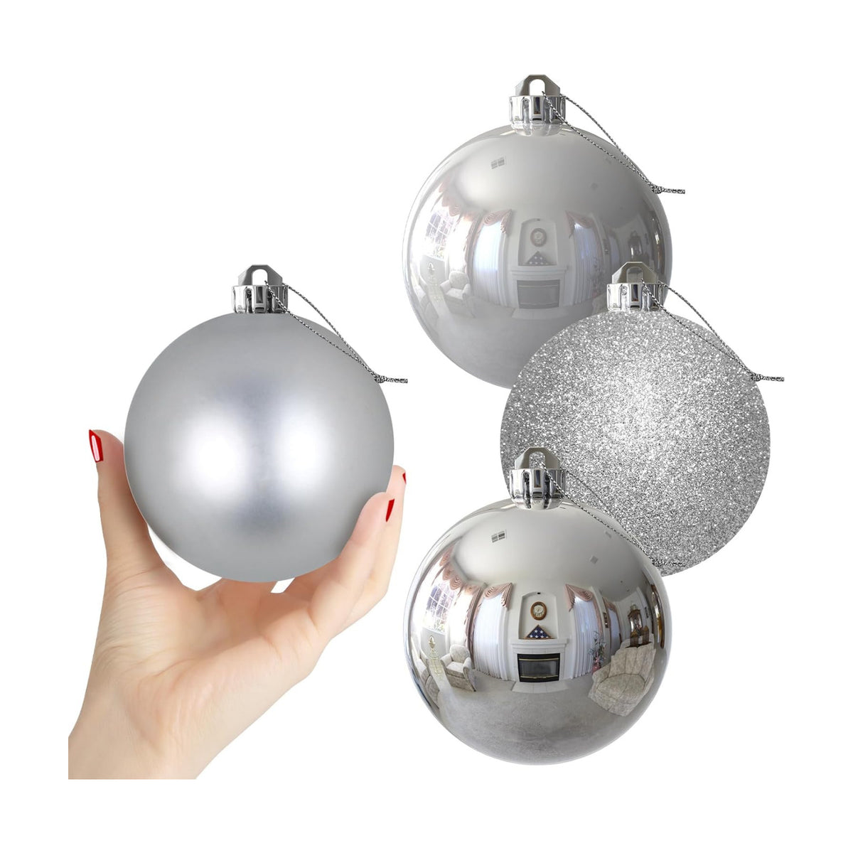 Silver 4.0" Large Christmas Balls - Christmas Tree Decoration Ornaments Shatterproof Hanging Balls for Birthday Halloween Holiday Wedding Decorations Set of 4pcs