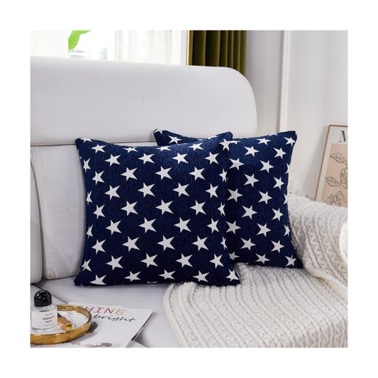 Soft Chenille Decorative Patriotic Throw Pillow Cover Case / Blue Stars / 18 x 18 / Set of 2