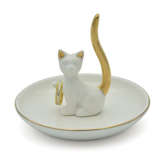 Love Cat Posture Ring Holder Jewelry Storage Dish Trinket Tray / One Size / White Cat Golden Tail