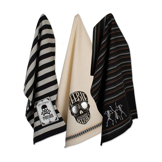DII Happy Halloween Dishtowel Collection Embellished Cotton Kitchen Hand Towel Set, 18x28, Skeleton, 3 Count