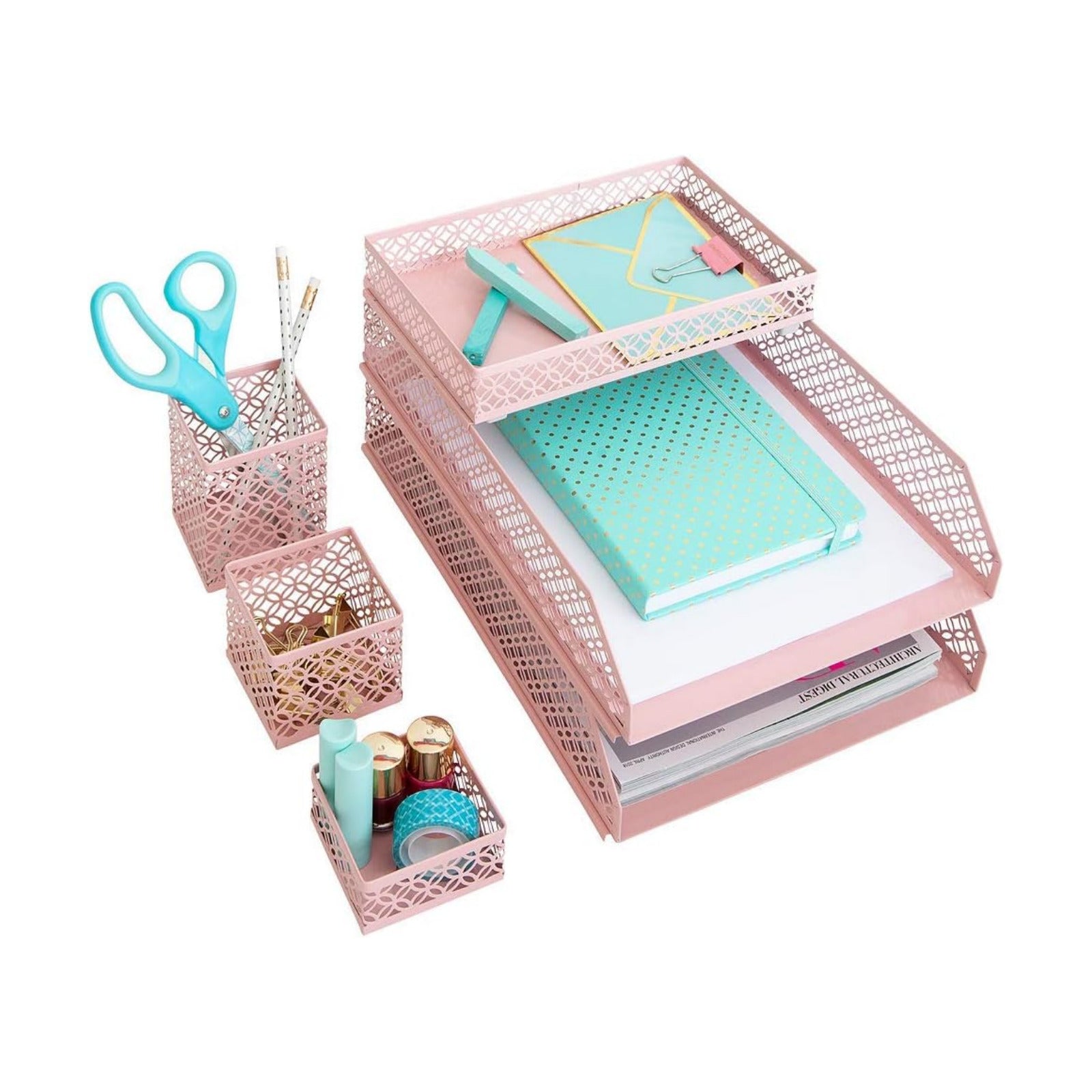 BLU MONACO | Pink Desk Organizer Set for Women 6 Piece | Mail Sorter Organizer Countertop with Letter Trays | Standing