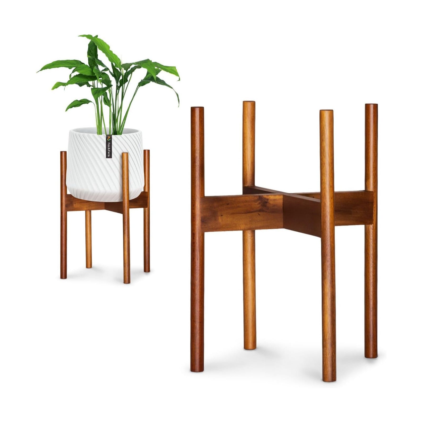 Fox & Fern Mid Century Plant Stands for Indoor Planters, Acacia, 10 Inch | Plug In Design, Holds 175 lbs, Two High