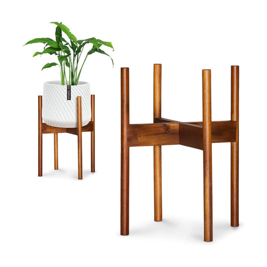 Fox & Fern Mid Century Plant Stands for Indoor Planters, Acacia, 10 Inch | Plug In Design, Holds 175 lbs, Two High