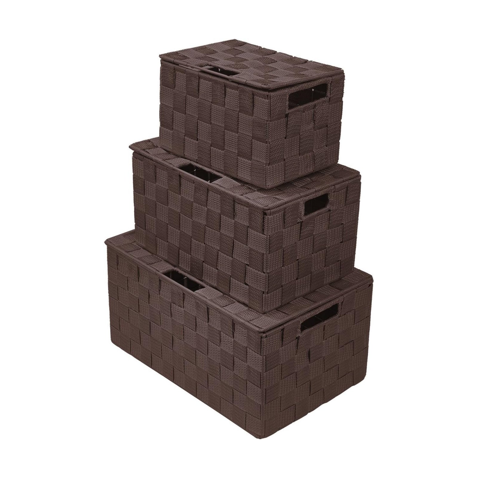 Hand-Woven Storage Baskets / Lid Bins / Chocolate / Set of 3