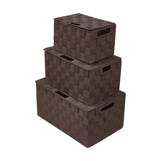 Hand-Woven Storage Baskets / Lid Bins / Chocolate / Set of 3