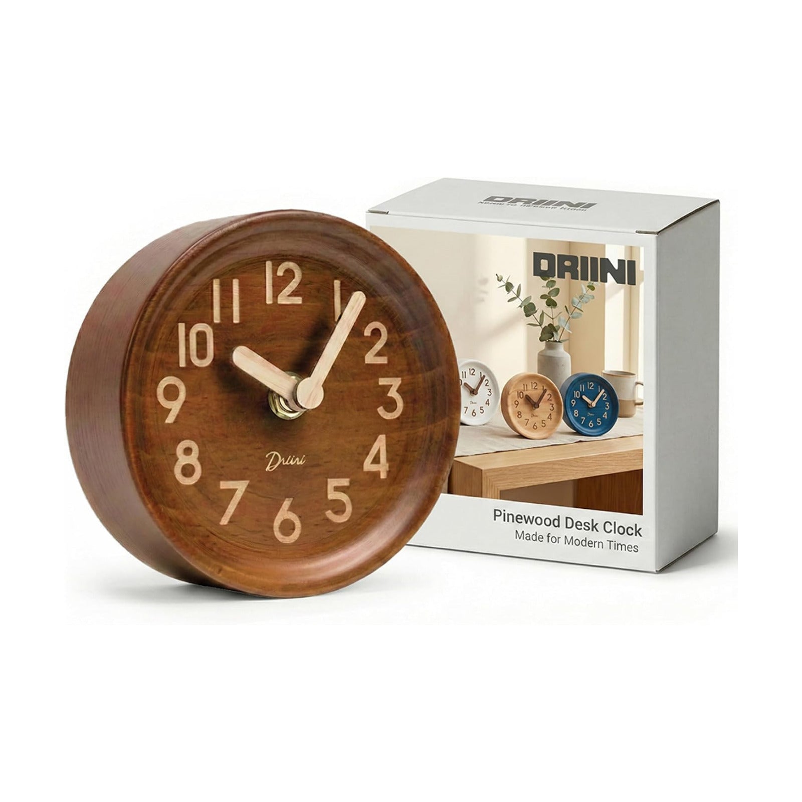 Driini Wooden Analog Desktop Clock – 4.3 in. Decorative Pinewood, No-Tick Design – Easy to Read Silent Sweep Mantle