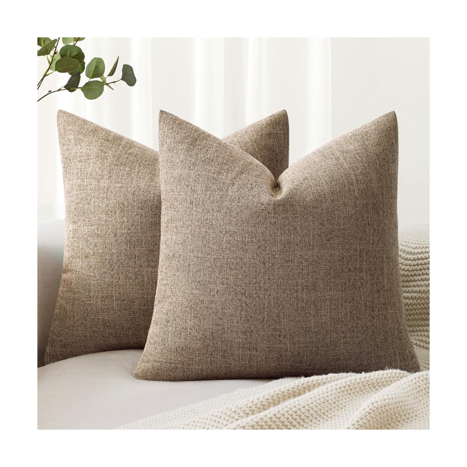 Decorative Linen Burlap Pillow Covers Farmhouse Boho Accent Pillowcases / 18 x 18 / Brown / Set of 2