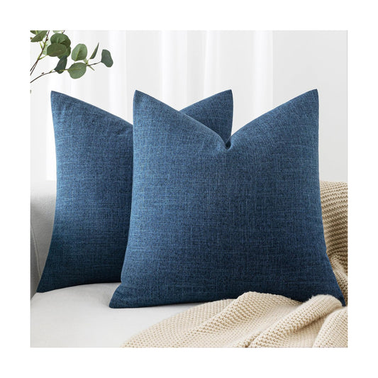 Decorative Linen Burlap Coastal Pillow Covers Farmhouse Accent / 18 x 18 / Blue / Set of 2