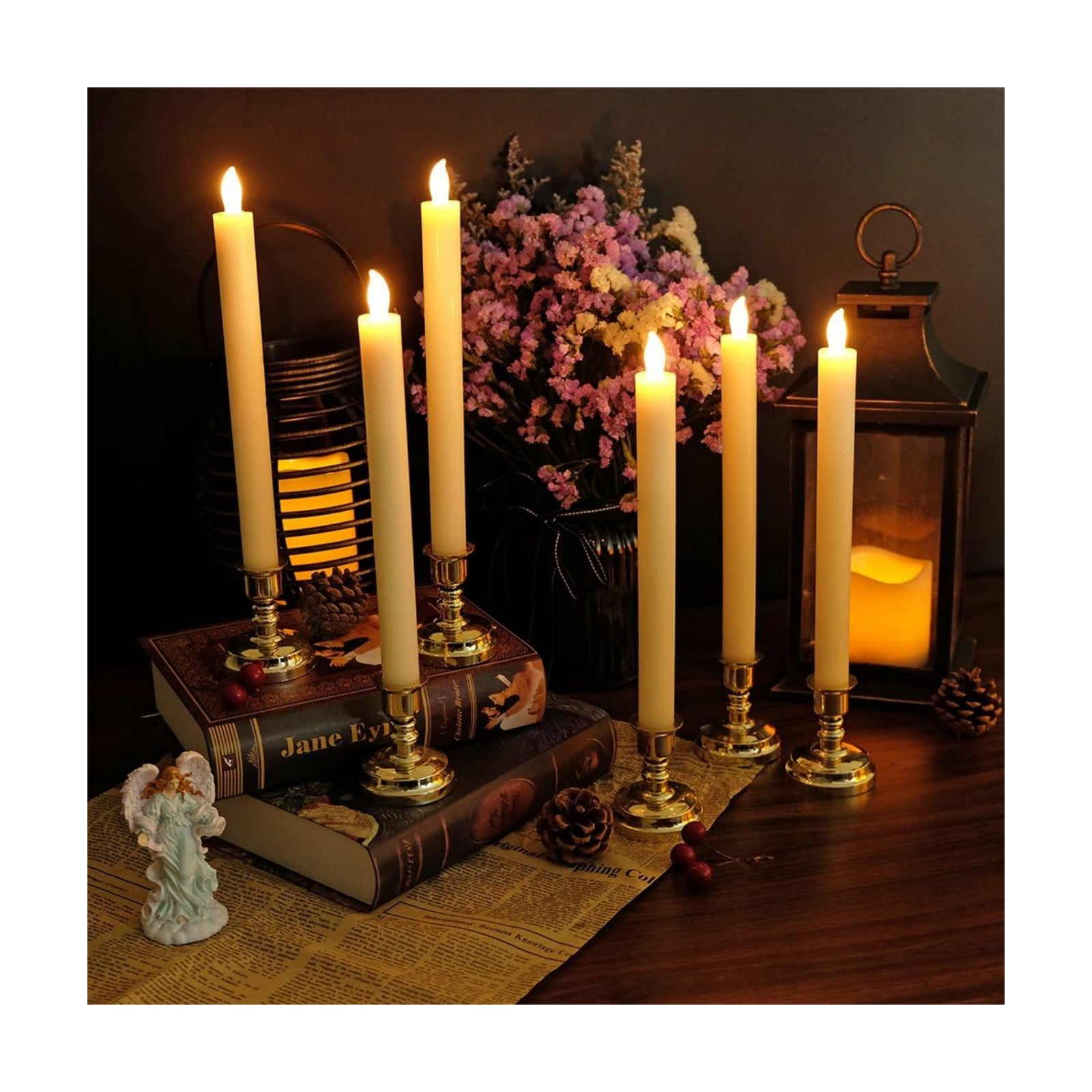 Ivory Flameless Window Taper Candles Battery Operated Remote Timer | Real Wax Long Lasting, Dimmable Warm Light, Gold