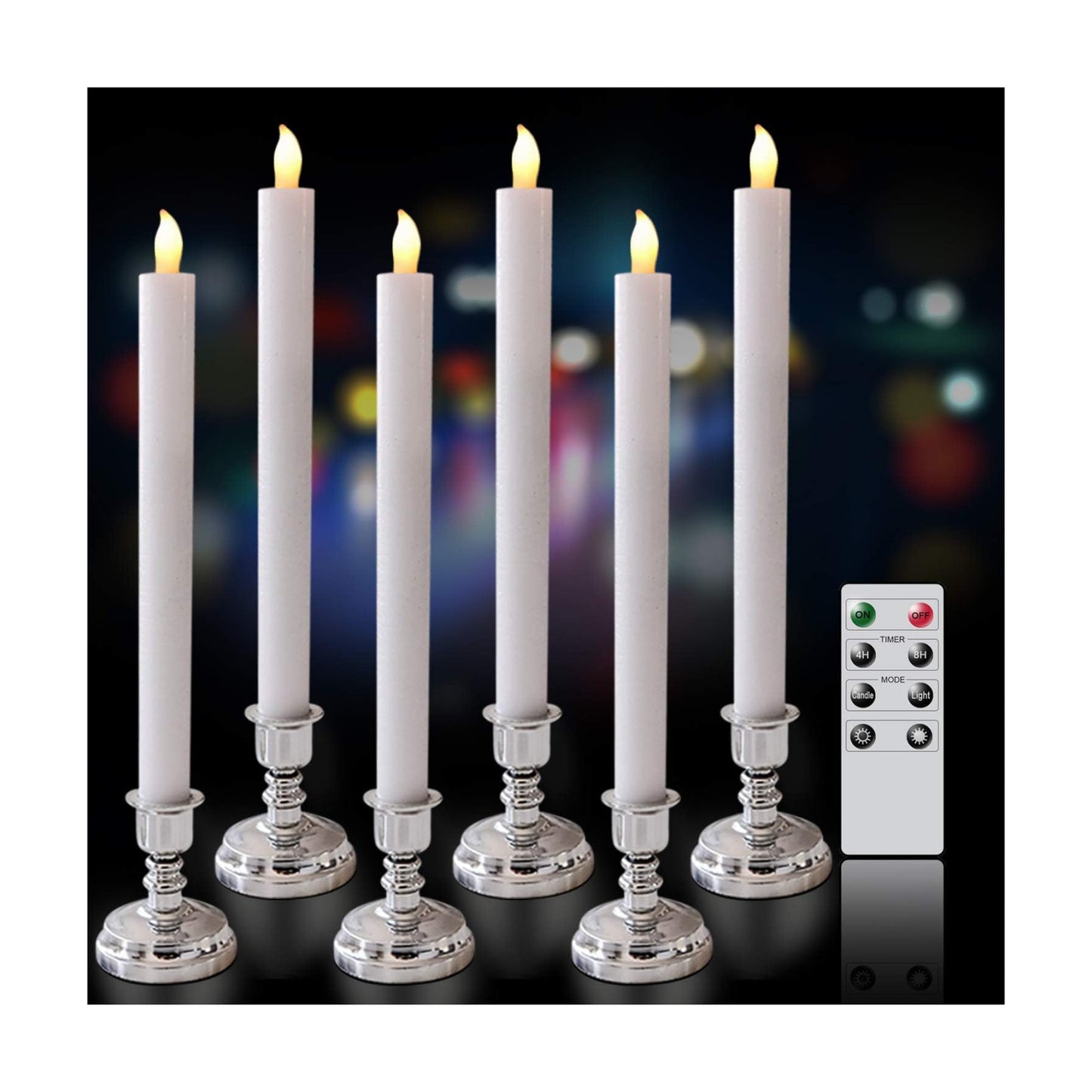 White Flameless Window Taper Candles Battery Operated Remote Timer | Real Wax Long Lasting, Dimmable Warm Light, Silver