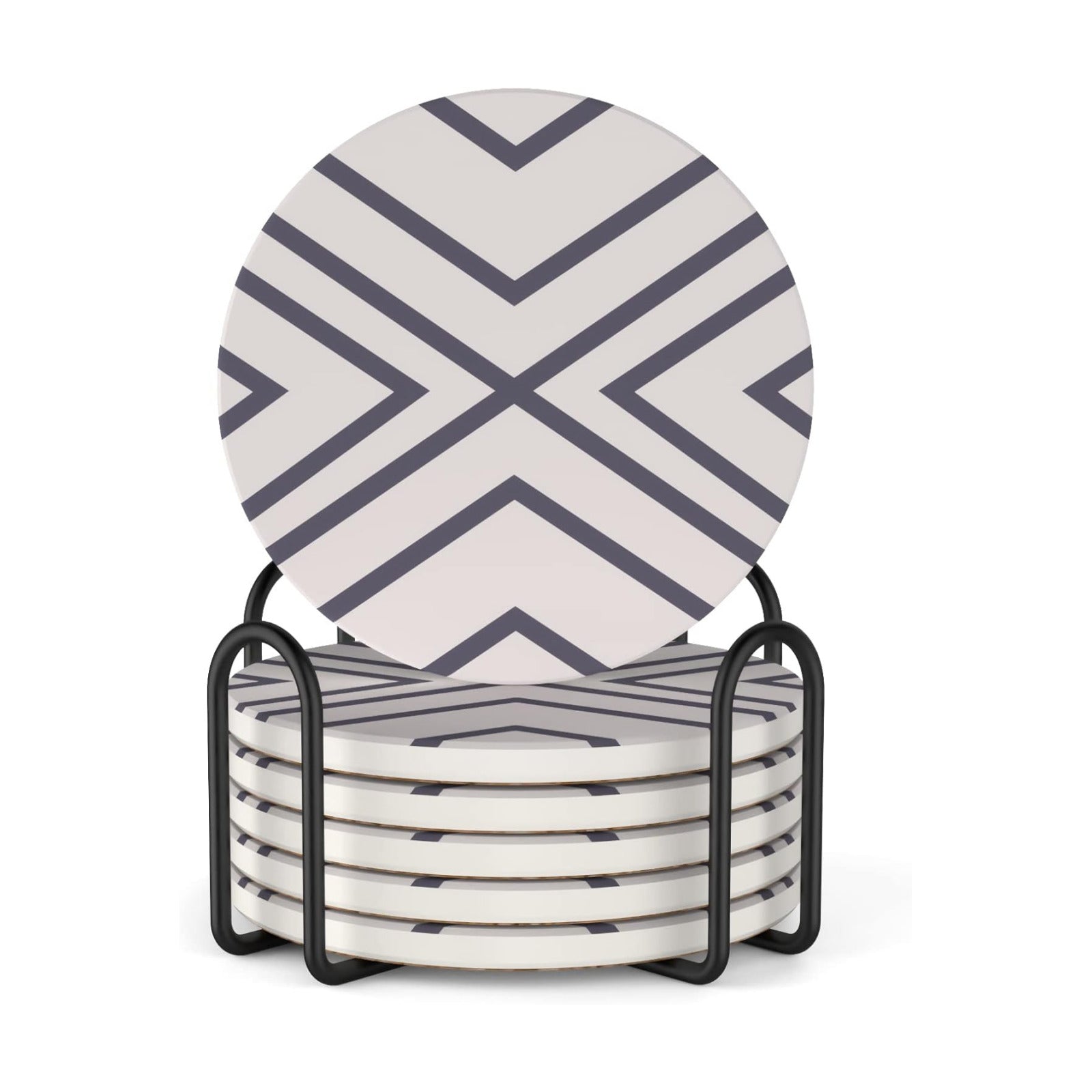 Holder / Ceramic Drink Coasters / Grey Line / 4 Inch / Set of 6