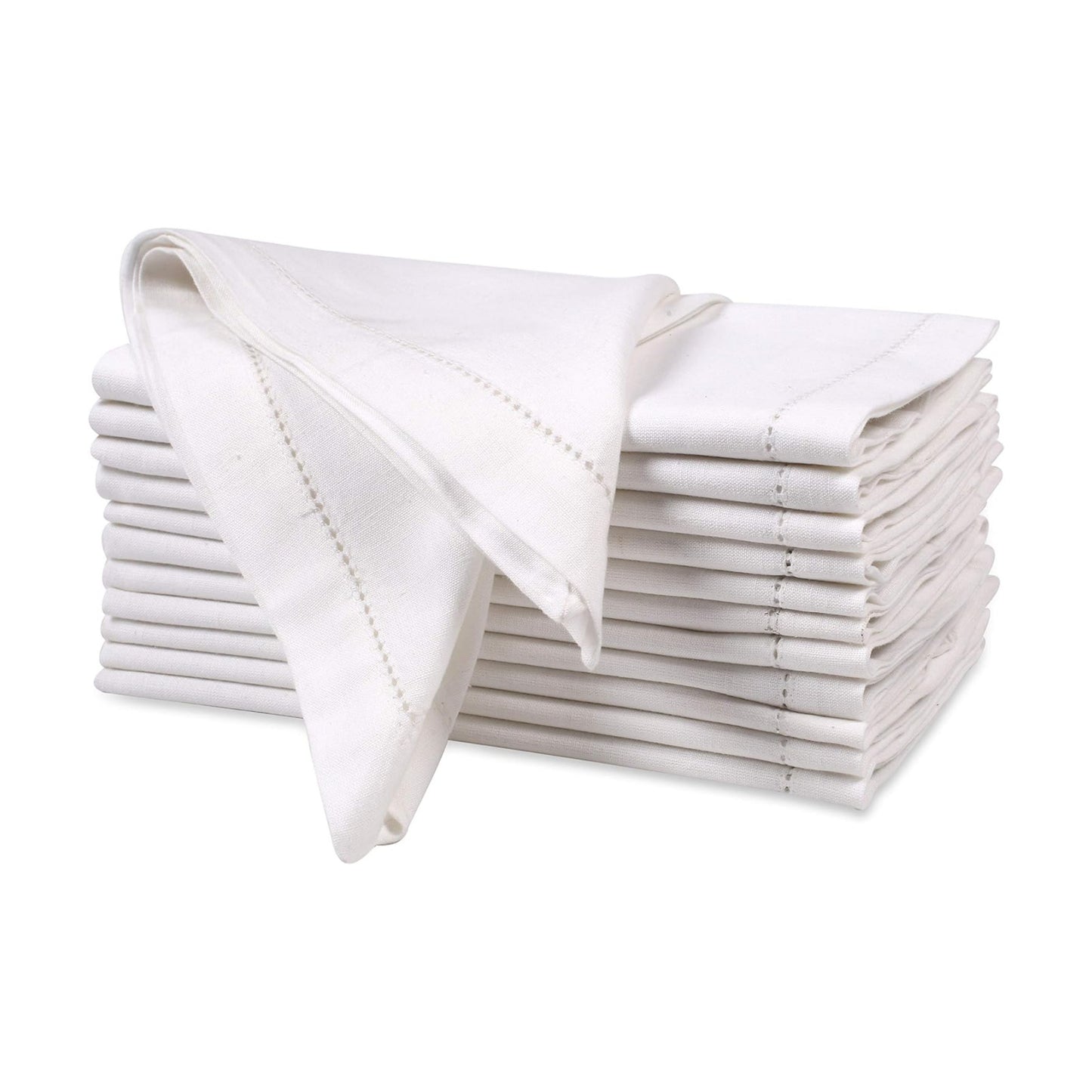 Ramanta Home Flax Linen Cloth Napkins Set of 12 20x20 Inches - White | Hemstitched Cotton Linen Blend Dinner Napkin