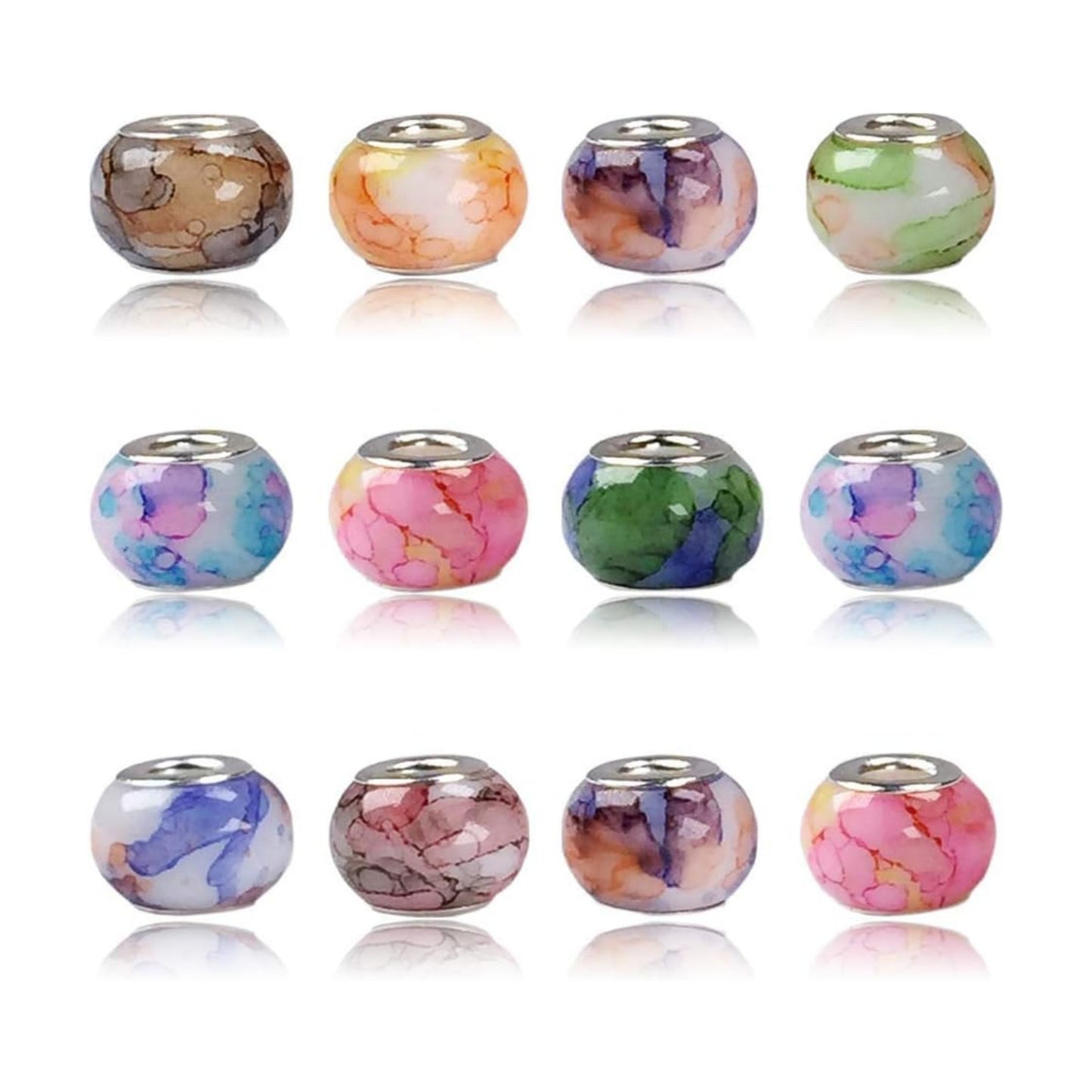 mm Murano Large Hole Glass Beads / Watercolor Effect Glass Beads / Silver / 10 x 15 / Set of 100