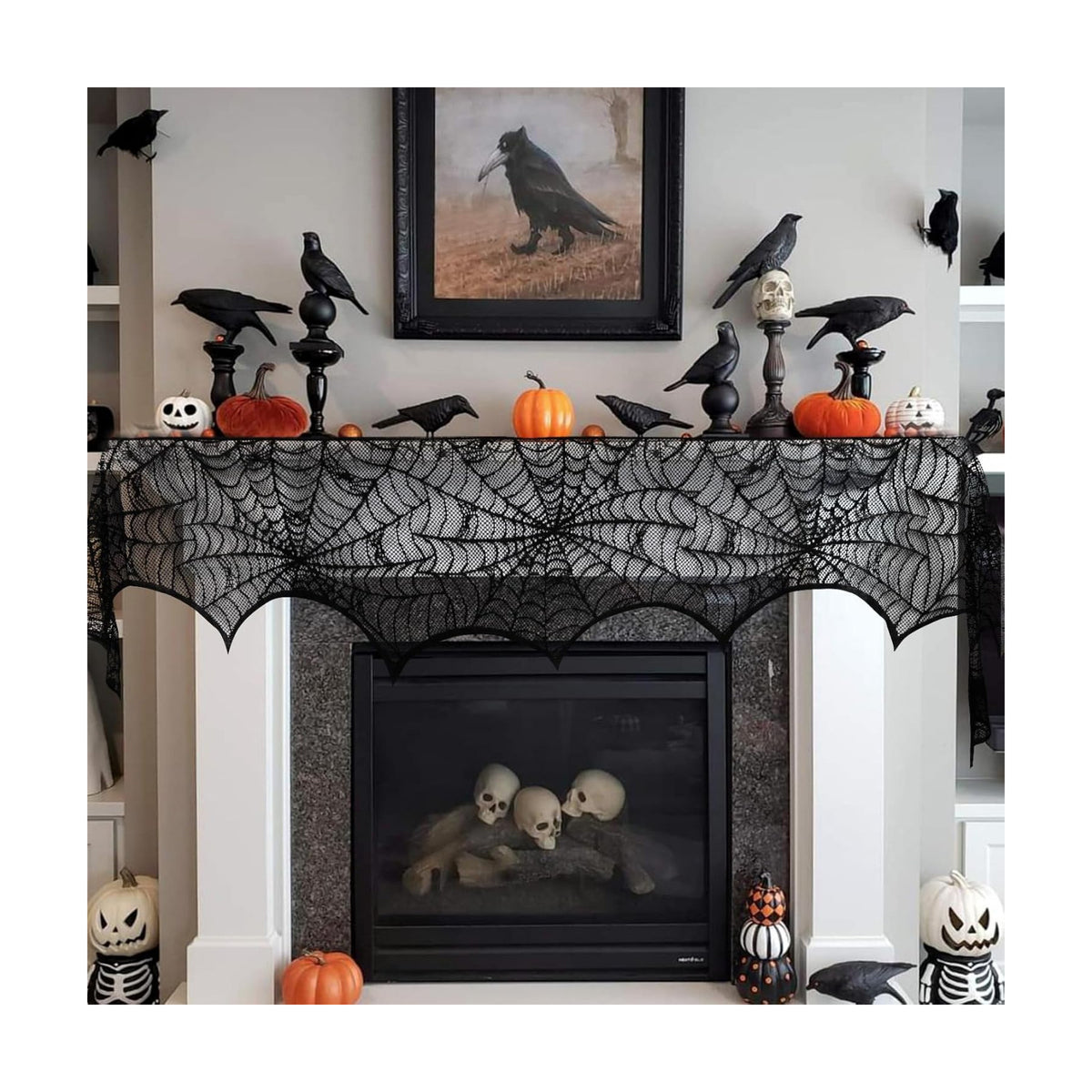 Hooqict Halloween Decoration Halloween Black Lace Spiderweb Fireplace Mantle Scarf Cover for Halloween Party Supplies 18 x 96 Inch
