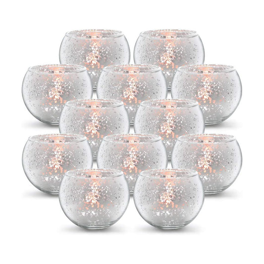 Volens Round Silver Votive Candle Holders, Mercury Glass Votives Set of 12