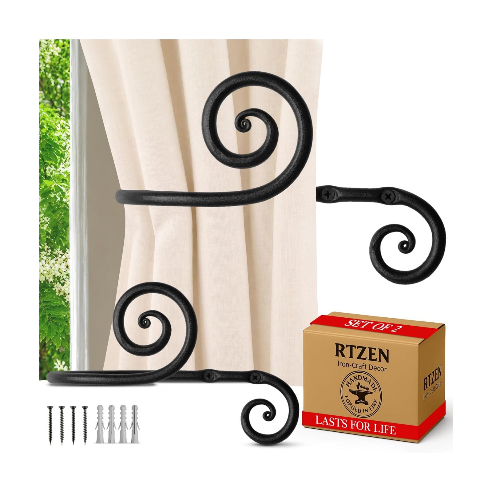 Metal Curtain Tiebacks, Drapery Holders for Wall, 2 Pcs | Farmhouse Wrought Iron Curtain Holdbacks, Ornamental Window