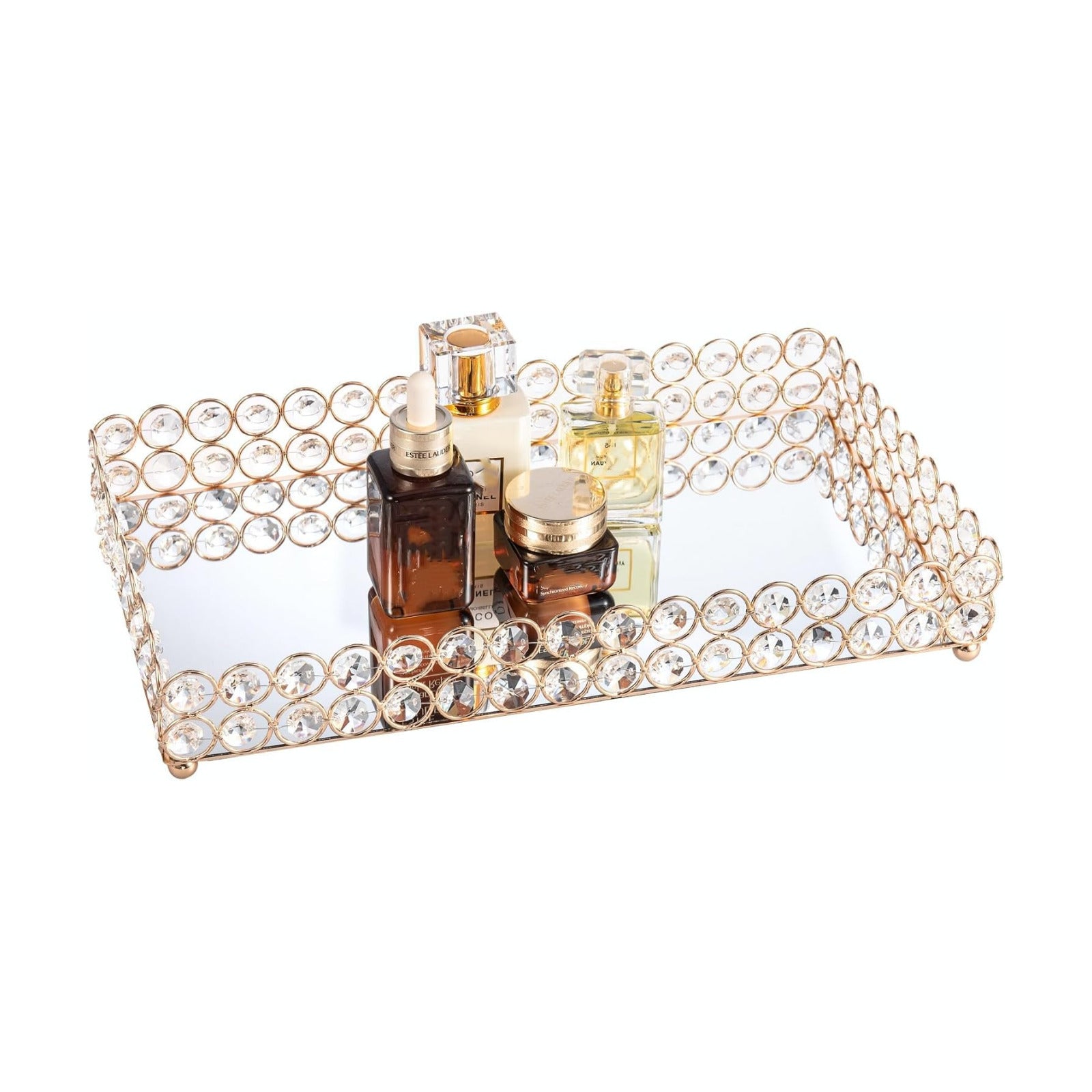 Crystal Perfume Fragrance Tray Cosmetic Makeup Vanity Tray Jewelry Trinket Ring Earring / Gold