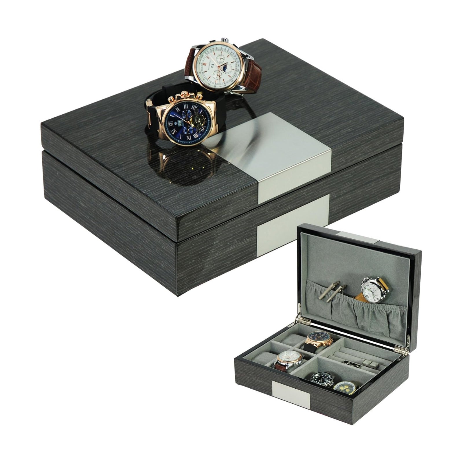 Ginko Lacquered Wood Watch Cufflink Case & Ring Storage Organizer Men's Jewelry Box Father's / Grey