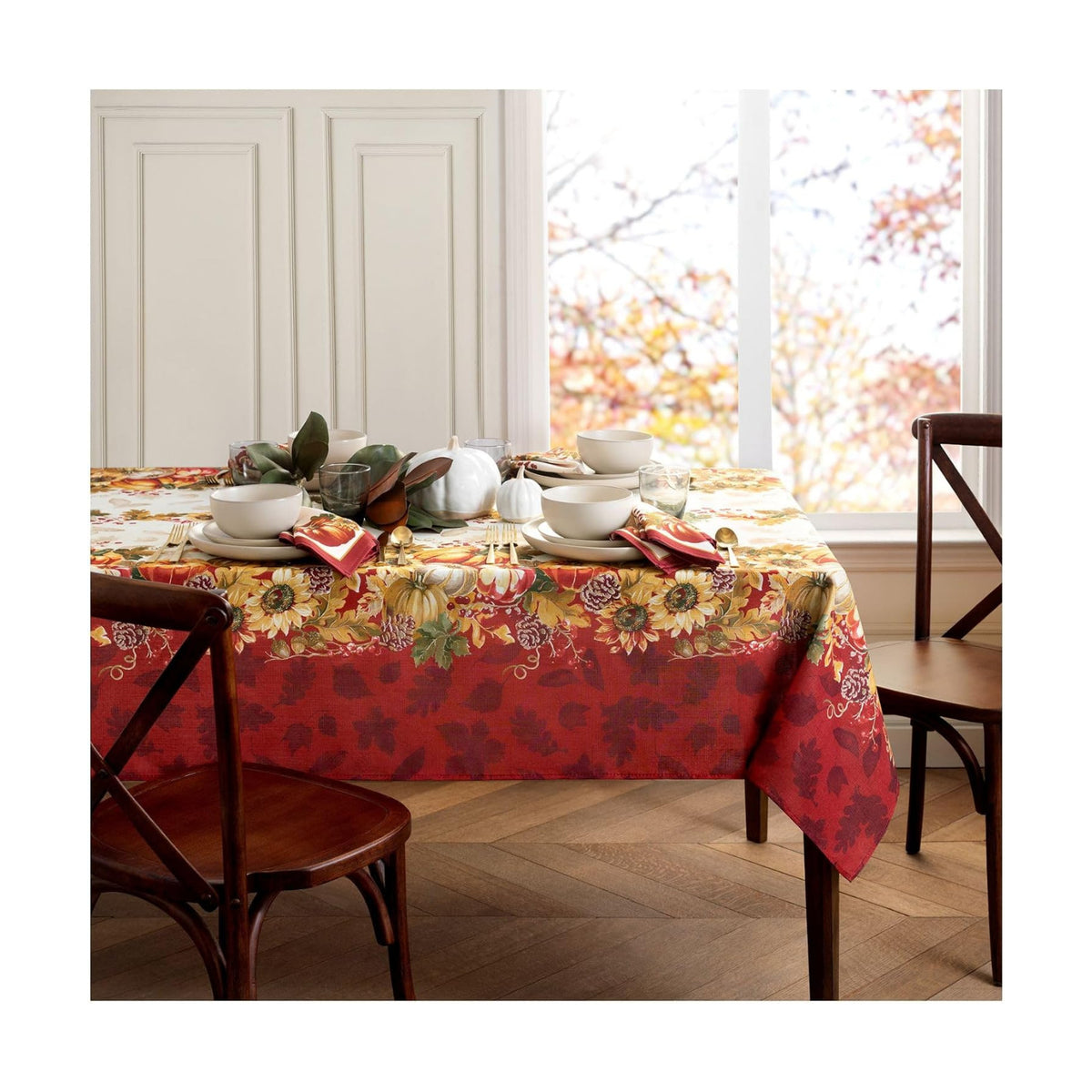 Elrene Home Fashions Swaying Leaves Bordered Fall, Seasonal and Holiday Tablecloth, 52"x70" Oblong/Rectangle, Multi