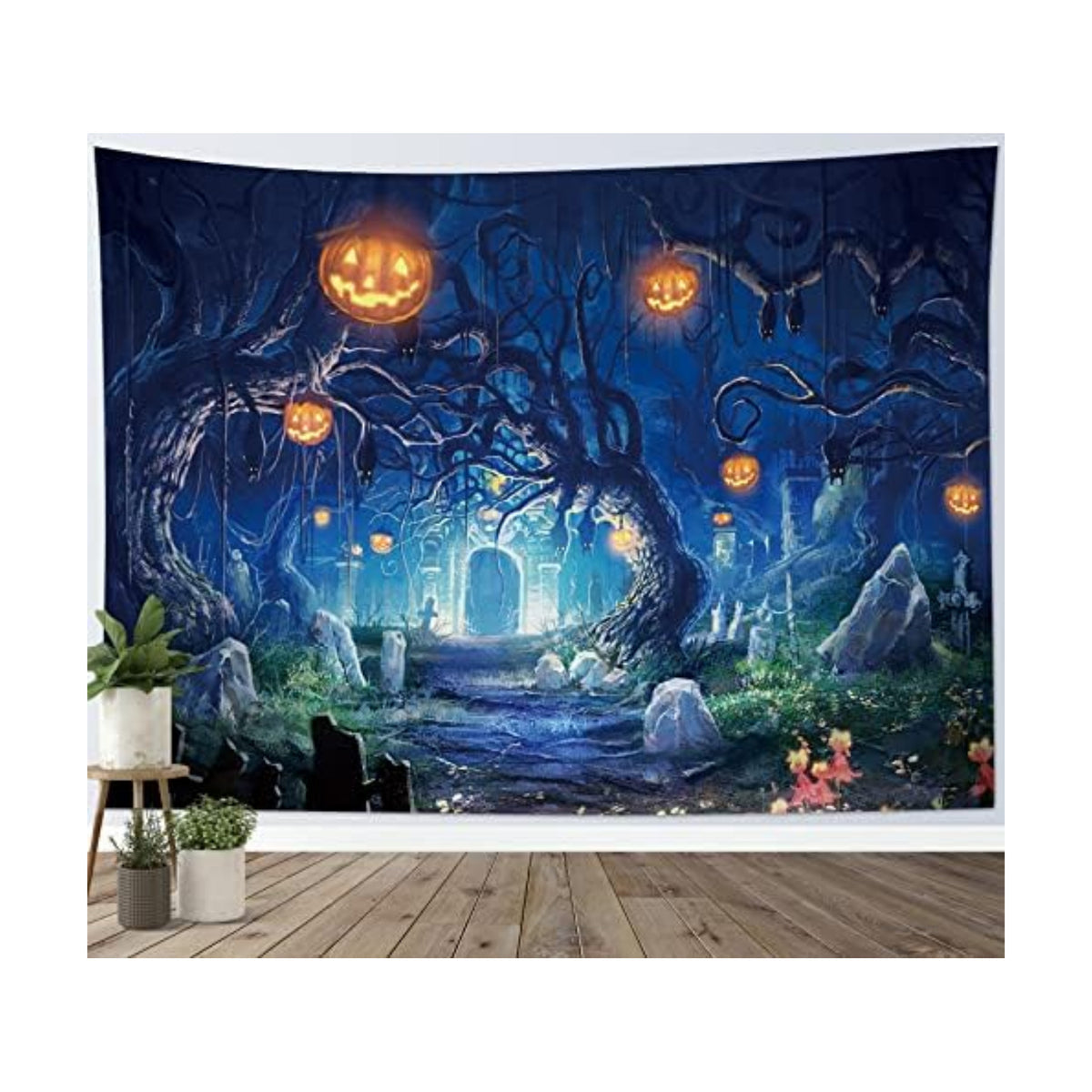 HVEST Halloween Tapestry Night Tapestry Wall Hanging Haunted Woods with Grave and Pumpkins Wall Blanket for Bedroom Living Room Dorm Decor,60W X 40H inches