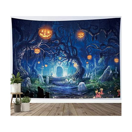 HVEST Halloween Tapestry Night Tapestry Wall Hanging Haunted Woods with Grave and Pumpkins Wall Blanket for Bedroom Living Room Dorm Decor,60W X 40H inches