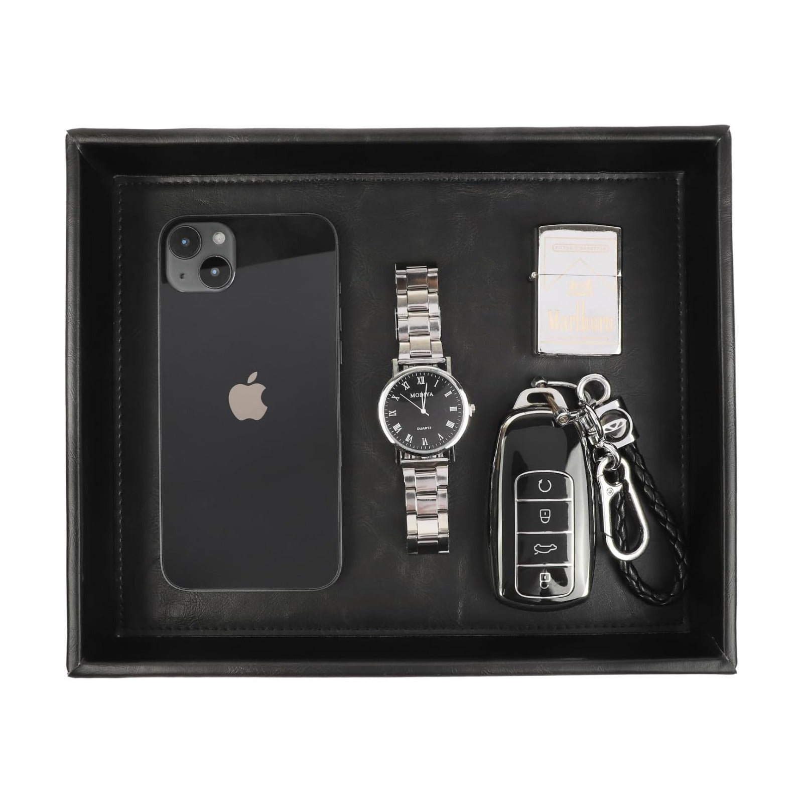Leather Valet Organizer for Men – Black Catchall for Wallet, Keys, EDC, Jewelry, and Perfume – Nightstand, Dresser, and
