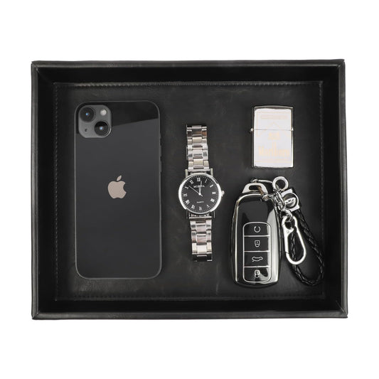 Leather Valet Organizer for Men – Black Catchall for Wallet, Keys, EDC, Jewelry, and Perfume – Nightstand, Dresser, and