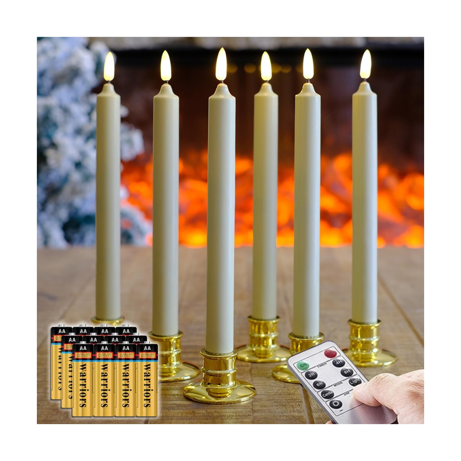 6 Pack Flameless Ivory real Wax Window Candles with 12 AA Batteries(Include, Run More Than 400 Hours) and Golden