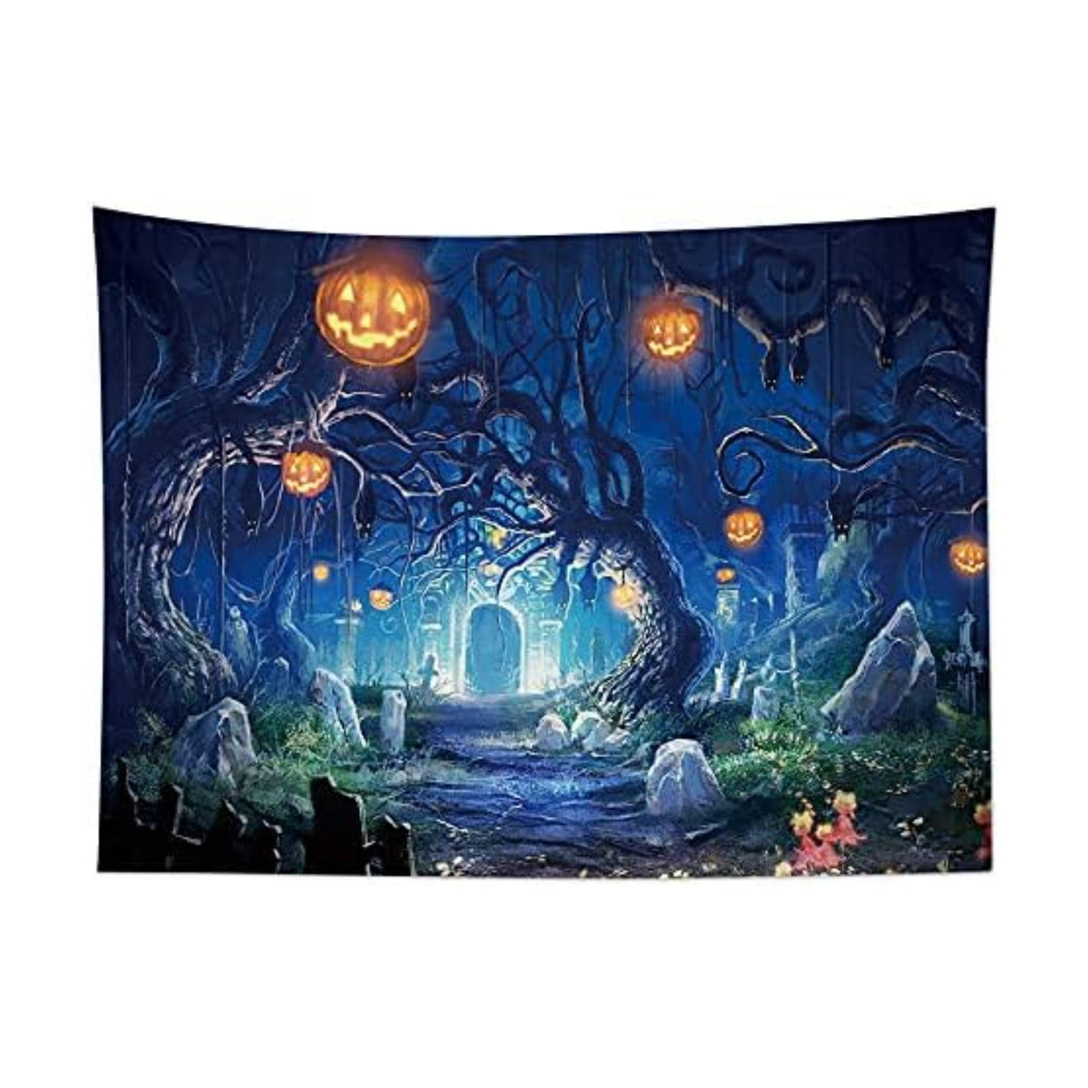 HVEST Halloween Tapestry Night Tapestry Wall Hanging Haunted Woods with Grave and Pumpkins Wall Blanket for Bedroom Living Room Dorm Decor,80W X 60H inches