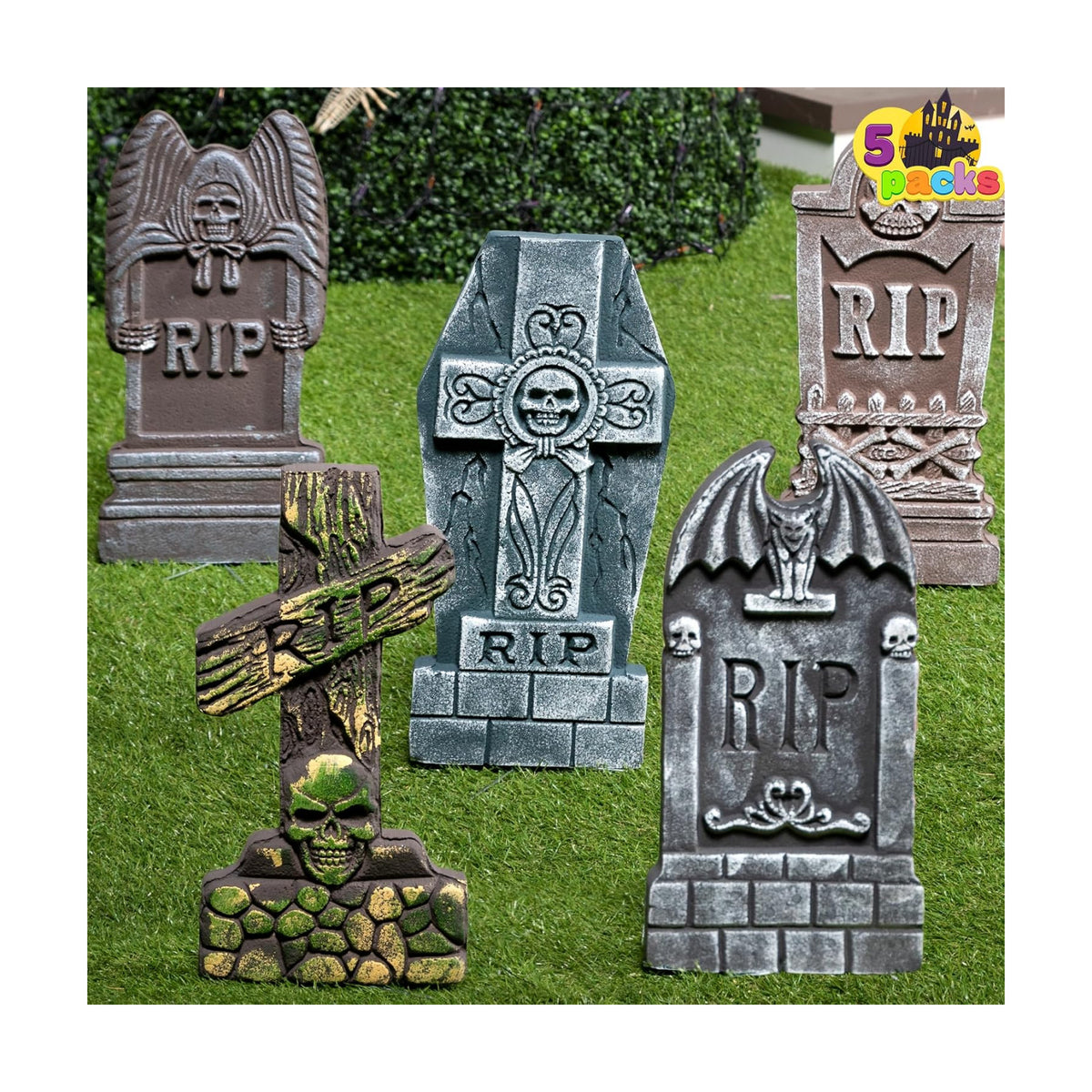 JOYIN 17” Halloween Foam RIP Graveyard Tombstones (5 Pack), Halloween Tombstones Outdoor Decorations for Graves Decorations with 12 Metal Stakes for Cemetery Yard Lawn Party Decor