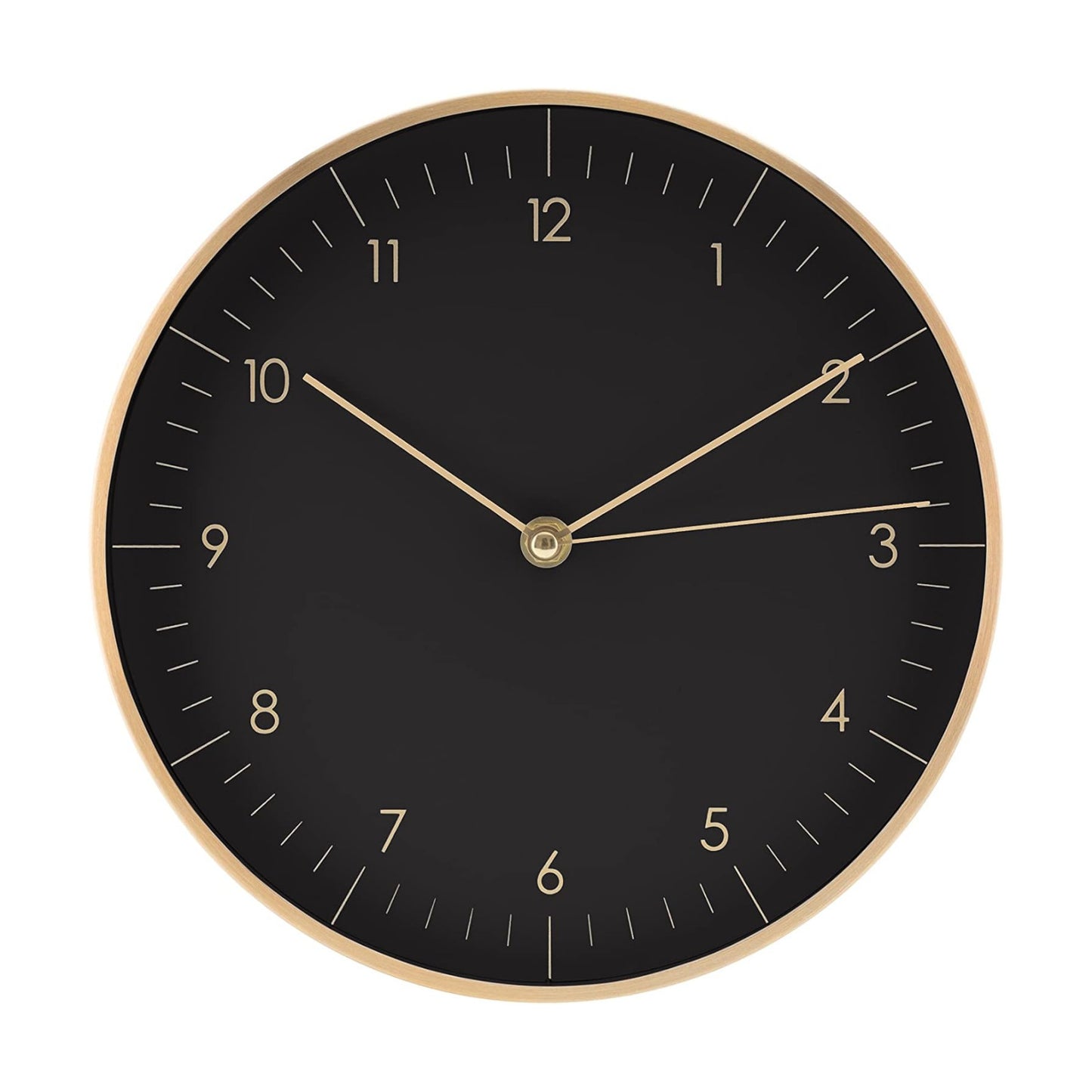 Modern Silent Quartz Wall Clock, 10in, Black & Gold | Chic & Minimalist, Non-ticking, Analog, Arabic numerals