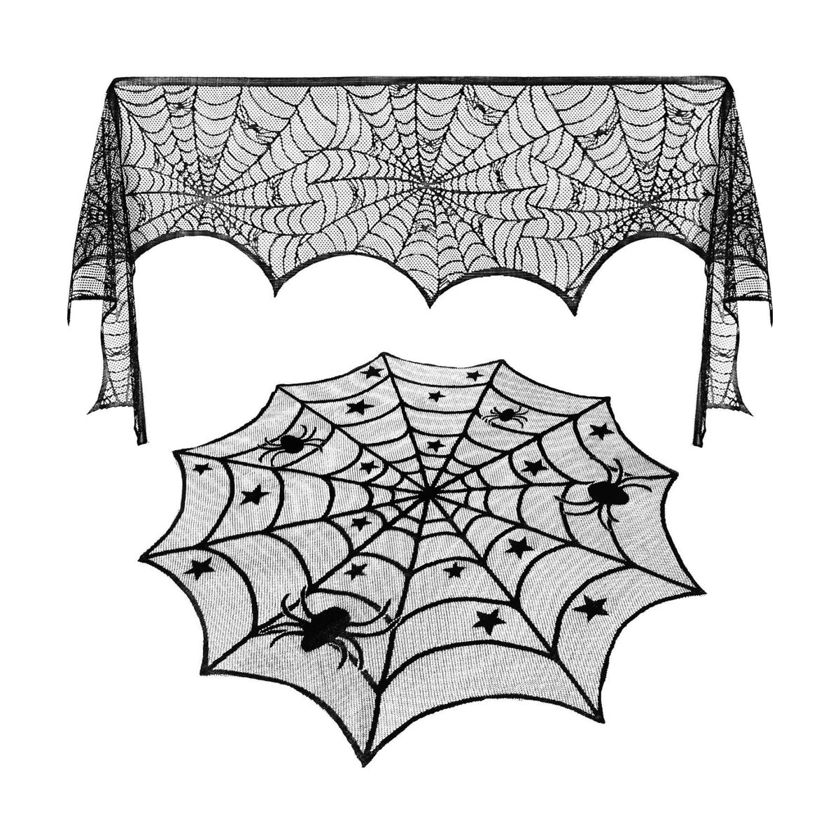 Jovitec Round Lace Table Topper Black Spider Tablecloth and Fireplace Spider Decorations Lace Spiderweb Mantle Scarf Cover for Halloween Window, Dinner Party, Festival Party, Scary Movie Nights