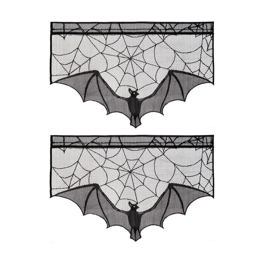 2Pcs Halloween Spiderweb Bat Black Lace Curtains Window Decorations Indoor